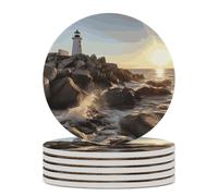 6PCS Lighthouse Rocks Seaside Coasters Non-Slip Round Drink Coasters with Ceramic Stone and Cork Base, Heat Resistant Absorbent 33.00Stone Coaster Set for Kinds of Mugs and Cups, 4 Inch