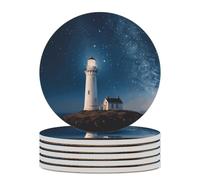 6PCS Lighthouse Under Starry Night Sky Coasters Non-Slip Round Drink Coasters with Ceramic Stone and Cork Base, Heat Resistant Absorbent 33.00Stone Coaster Set for Kinds of Mugs and Cups, 4 Inch