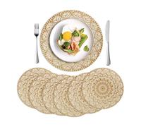 6Pcs Linen Placemats Round 36cm - White European Style with Golden Mandala Design