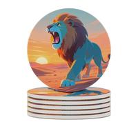 6PCS Lions in The Desert Coasters Non-Slip Round Drink Coasters with Ceramic Stone and Cork Base, Heat Resistant Absorbent 33.00Stone Coaster Set for Kinds of Mugs and Cups, 4 Inch