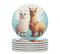 6PCS Llama Alpaca Coasters Non-Slip Round Drink Coasters with Ceramic Stone and Cork Base, Heat Resistant Absorbent 33.00Stone Coaster Set for Kinds of Mugs and Cups, 4 Inch