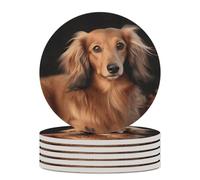 6PCS Long Haired Dachshund Coasters Non-Slip Round Drink Coasters with Ceramic Stone and Cork Base, Heat Resistant Absorbent 33.00Stone Coaster Set for Kinds of Mugs and Cups, 4 Inch