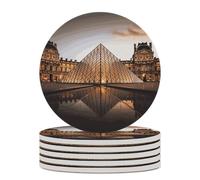 6PCS Louvre Museum in Paris Coasters Non-Slip Round Drink Coasters with Ceramic Stone and Cork Base, Heat Resistant Absorbent 33.00Stone Coaster Set for Kinds of Mugs and Cups, 4 Inch