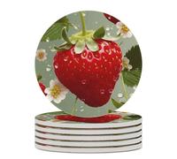 6PCS Lovely Strawberry Coasters Non-Slip Round Drink Coasters with Ceramic Stone and Cork Base, Heat Resistant Absorbent 33.00Stone Coaster Set for Kinds of Mugs and Cups, 4 Inch