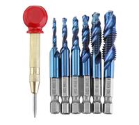 6pcs M3-M10 Combination Drill Tap Bit Set HSS Blue Nano Deburr Countersink Bits with Automatic Center Pin Punch