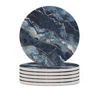 6PCS Marble Navy Blue Mixed Coasters Non-Slip Round Drink Coasters with Ceramic Stone and Cork Base, Heat Resistant Absorbent 33.00Stone Coaster Set for Kinds of Mugs and Cups, 4 Inch