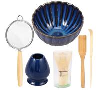6Pcs Matcha Whisk Set Elegant Japanese Ceramic Matcha Bowl Kit with Bamboo Whisk/Holder/Scoop/Spoon/Sifter and Petal Shaped Wavy Rim Design Bowl for Tea Lovers(Blue)