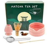 6Pcs Matcha Whisk Set Elegant Matcha Tea Set Kit Includes Bowl with Mouth Tea Scoop Sifter Whisk Holder and Scoop Holder for Lovers Making(Pink)