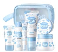 6Pcs Milk Skincare Set,Teenage Girls Milk Protein Skincare,Set With plain cream,toner,sunscreen,eye cream,scrub,facial cleanser,cosmetic bag,Mild Ingredients and Non-Irritating for All Skin Types