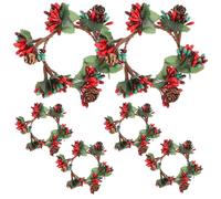 6PCS Mini Christmas Wreath Rattan Candle Wreath Ring with Artificial Pine Cone Red Berry Xmas Table Decoration for Holiday Party Wall Door Window Door Kitchen Cabinets Fireplaces 7cm