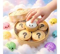 6pcs Mini Mystery Dumpling Squishies Box with 1 Big and 6-mini Compartment Steamer Basket , 6 Random Color Bao Bun Fidget Toys, Anxiety Relax Sensory Gift for Kids Adults