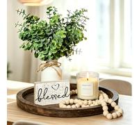 6Pcs Modern Farmhouse Tray Decor Set - Round Wooden Decorative Tray | with Ceramic Vase, Faux Plants, Wood Bead, Candle for Living Room Table Centerpieces, Christmas Wedding Home Decor