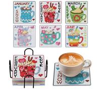 6Pcs Monthly Themed DIY Diamond Art Coasters Kit - Full Drill 5D Diamond Art Painting Coasters for Adults, 12-Month Life Theme with Cork Pad & Holder, Unique Home Décor Craft Set