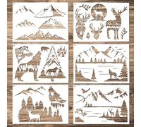 6pcs Mountain Stencils for Painting on Wood, Reusable Wood Burning Stencils Pine Tree Wildlife Deer Template Forest Pattern Stencils for Wall Drawing Fabric Furniture Canvas Crafts