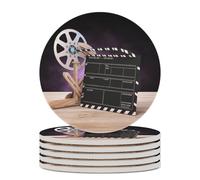 6PCS Movies Clapperboard Coasters Non-Slip Round Drink Coasters with Ceramic Stone and Cork Base, Heat Resistant Absorbent 33.00Stone Coaster Set for Kinds of Mugs and Cups, 4 Inch