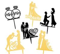 6Pcs Mr & Mrs Cake Toppers - Acrylic Cupcake Decorations Bride and Groom Wedding Silhouette with Diamond Ring and Flowers for Engagement, Valentine, Anniversaries, Hen Party