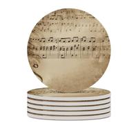 6PCS Music Notes on Old Paper Coasters Non-Slip Round Drink Coasters with Ceramic Stone and Cork Base, Heat Resistant Absorbent 33.00Stone Coaster Set for Kinds of Mugs and Cups, 4 Inch