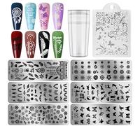 6PCS Nail Stamping Plates Kit, EBANKU Stamping Plates for Gel Polish with 1 Nail Stamper & 1 Nail Scraper, Flower Animal Pattern Manicure Print Tools for DIY Nail Art Designs