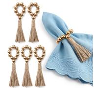 6PCS Napkin Rings, Wooden Bead Napkin Holders for Cloth Napkins, Stretchable Boho Napkins Rings Rustic Twine Rattan Design with Tassel for Farmhouse Thanksgiving Fall Spring Decor-Gold