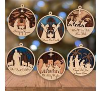 6Pcs Nativity Scene Christmas Tree Decorations Wooden Christian Nativity Ornaments Set 3D Layered Decorative Hanging Round Pendants for Xmas Tree Holiday Winter Home Decor Religious Gift for Family