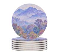 6PCS Nature Forest Mountain Coasters Non-Slip Round Drink Coasters with Ceramic Stone and Cork Base, Heat Resistant Absorbent 33.00Stone Coaster Set for Kinds of Mugs and Cups, 4 Inch