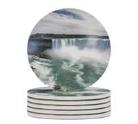 6PCS Niagara Falls Coasters Non-Slip Round Drink Coasters with Ceramic Stone and Cork Base, Heat Resistant Absorbent 33.00Stone Coaster Set for Kinds of Mugs and Cups, 4 Inch