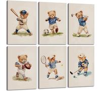 6Pcs Nursery Teddy Bear Canvas Wall Art Bear Sports Paintings Vintage Boy Room Wall Decor Cute Kids Animal Posters Prints Kindergarten football Pictures for Children Bedroom Playroom Framed