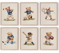 6Pcs Nursery Teddy Bear Wall Art Bear Sports Canvas Paintings Vintage Boy Room Wall Decor Cute Kids Animal Posters Prints Kindergarten football Pictures for Children Bedroom Playroom Unframed