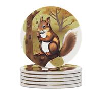 6PCS Nut-Eating Squirrel Coasters Non-Slip Round Drink Coasters with Ceramic Stone and Cork Base, Heat Resistant Absorbent 33.00Stone Coaster Set for Kinds of Mugs and Cups, 4 Inch