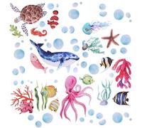 6pcs Ocean Creature Marine Bathtub Stickers, 5.9x7.8 Inch Colorful Waterproof Large Non-Slip Coral Octopus Starfish Whale Turtle Adhesive Decals Threads for Kids Sea Bath Tub Shower Floor