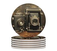 6PCS Old Camera Coasters Non-Slip Round Drink Coasters with Ceramic Stone and Cork Base, Heat Resistant Absorbent 33.00Stone Coaster Set for Kinds of Mugs and Cups, 4 Inch