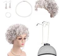 6pcs Old Lady Costume Set,Old Lady Fancy Dress Set,Gangster Granny Wig,Transformative Granny Wig Costume Set - Complete Old women Dress Up Kit for Women's Cosplay, Halloween, Role Play & More