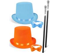 6PCS Orange and Light Blue Top Hat Costume Bow Tie Vintage Cane Funny Dumb Halloween Accessories Party Cosplay Set Adult Men Women