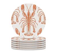 6PCS Orange Shrimp Pattern Coasters Non-Slip Round Drink Coasters with Ceramic Stone and Cork Base, Heat Resistant Absorbent 33.00Stone Coaster Set for Kinds of Mugs and Cups, 4 Inch
