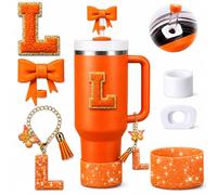 6PCS Orange Stanley Cup Accessories Set Fit for Stanley Cup 30oz 40oz,Including Spill Proof Stopper,Sparkly Silicone Boot,Bow Shape Straw Topper,Personalized Sticker,Handle Charm (Letter L)