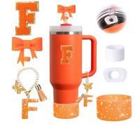 6PCS Orange Stanley Cup Accessories Set Fit for Stanley Cup 30oz 40oz,Including Spill Proof Stopper,Sparkly Silicone Boot,Bow Shape Straw Topper,Personalized Sticker,Handle Charm (Letter F)