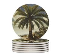 6PCS Palm Tree Tropical Coasters Non-Slip Round Drink Coasters with Ceramic Stone and Cork Base, Heat Resistant Absorbent 33.00Stone Coaster Set for Kinds of Mugs and Cups, 4 Inch
