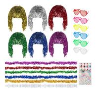 6PCS Party Wigs Made of Tinsel, with 6 Neon Glasses, 1 Diamond Sticker, 6 Strips of Feather Boas, Creating A Festive Atmosphere, for Neon Parties, Masquerade Balls or Role-Playing Activities