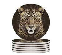 6PCS Patterned Leopard Head Coasters Non-Slip Round Drink Coasters with Ceramic Stone and Cork Base, Heat Resistant Absorbent 33.00Stone Coaster Set for Kinds of Mugs and Cups, 4 Inch