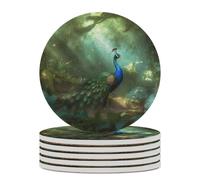 6PCS Peacock in Forest Coasters Non-Slip Round Drink Coasters with Ceramic Stone and Cork Base, Heat Resistant Absorbent 33.00Stone Coaster Set for Kinds of Mugs and Cups, 4 Inch