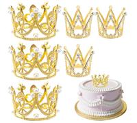 6PCS Pearl Crown Cake Topper With Rhinestone - Mini Tiara in Shiny Gold for Birthday Party and Wedding Decoration