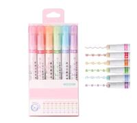 6PCS Pen with Stamp Roller, Curve Pens for Note Taking, Dual Tip Highlighter Pen Set with Different Curve Shapes & Fine Lines, Roller Markers for Note Taking Journaling Back to School Supplies(C)