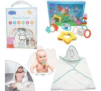 6Pcs Peppa Pig Baby Gift Set - Hooded Towel, Rattle & Teether Toys, Newborn Essentials for Girls, Soft Cotton Bath Towel & Sensory Toys for Infants, Baby Shower Gift Set for 0+ Months