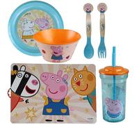 6PCs Peppa Pig Feeding Set for Children - Plate, Bowl, Placemat, Plastic Tumbler 460ML with Fork and Spoon, Children Dinnerware Set for Mealtimes 9+Months