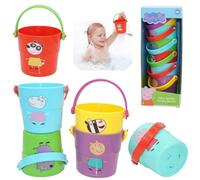 6Pcs Peppa Pig Stackable Bath Cups 11.5cm Mini Buckets with Handles Set, Water Pouring Toys with Drain Holes for Bath, Beach, Sandpit, Pool and Early Learning Play, Kids 12 Months+