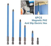 6pcs PH2 Driver Bits 1/4 Hex 25mm to 150mm Mixed | for six mixed lengths included, 25mm to 150mm range, covers various screw depths, complete set