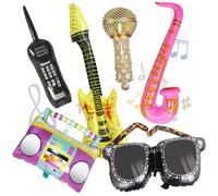 6Pcs Photo Booth Props, Inflatable Party Props with Inflatabled Guitar Saxophone Sunglasses Microphone Radio Boombox, Inflatable Props Ballons for 70s 80s 90s Carnival Disco Themed Party Supplies