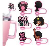 6Pcs Pink Black Girl Straw Covers for Stanley Cup,Cute Silicone Straw Topper Accessories for 10mm Drinking Straw Tip Covers