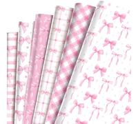 6Pcs Pink Bow Wrapping Paper, Birthday Wrapping Paper with Six Styles for Mother Day, Valentine Day, Easter, Baby Shower, Party, 70cm X 50cm