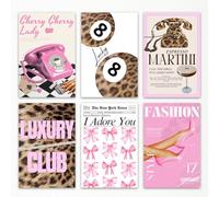 6pcs Pink Leopard Canvas Wall Art, Lucky 8 Ball & Espresso Martini Cheetah Print Poster, Newspaper Bows Fashion Magazine Cover Painting, Cherry Lady Telephone Picture for Bedroom 8x12in Unframed